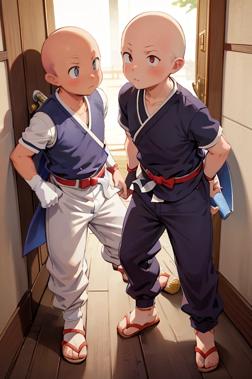 2boy, ninja hattori boy, serious, detail, ninja, sneak in corridor of Japan castle, white costume, White clothes, White mask, gloves, socks, sandals, red belt, dim light, epic, Bald head, shave head, hairless, like monk, ikkyusan, long pants, less skin reveal,