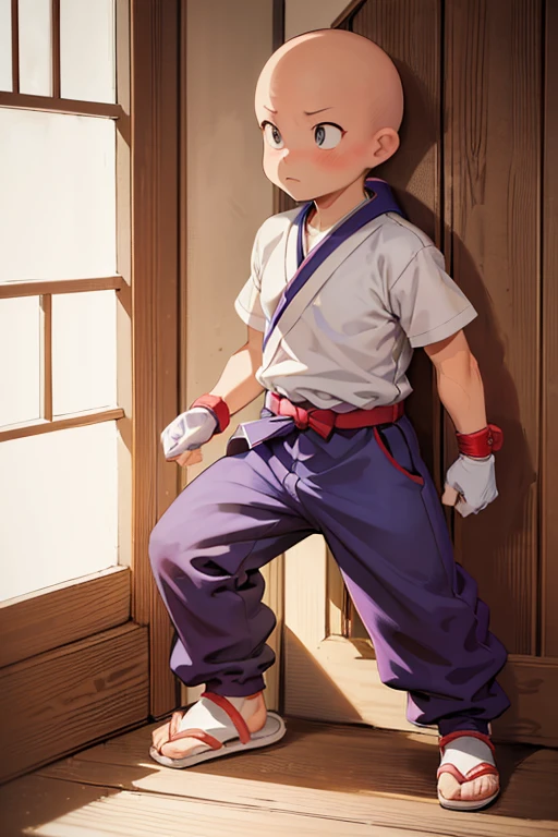 2boy, ninja hattori boy, serious, detail, ninja, sneak in corridor of Japan castle, white costume, White clothes, White mask, gloves, socks, sandals, red belt, dim light, epic, Bald head, shave head, hairless, like monk, ikkyusan, long pants, less skin reveal,