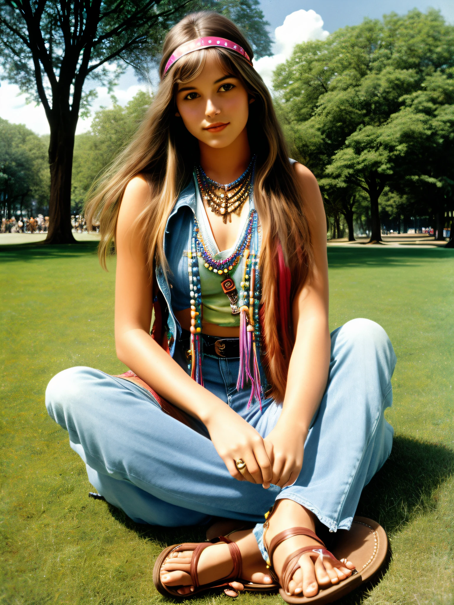 beautiful young woman with long, straight brown hair, wearing hippie clothing, late 1960s style, long bell bottom blue jeans, tie-dye t-shirt, brown fringed leather vest, seed bead necklace, peace sign headband, sandals, sitting cross-legged on the grass in a park