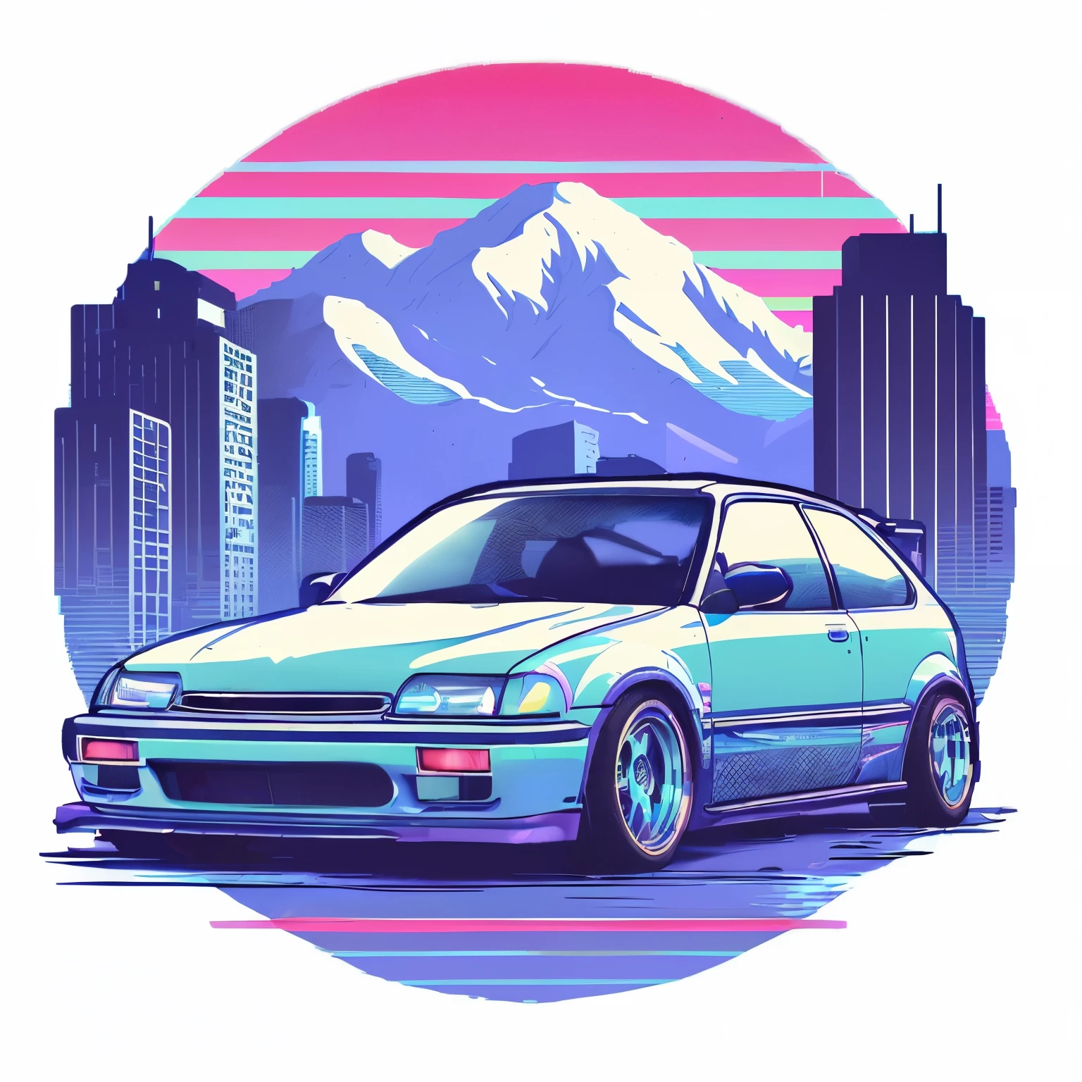 a blue car with mountains in the background, vaporwave style masterpiece, vaporwave style, outrun art style, vaporwave cartoon, art deco outrun anime aesthestic, vaporwave colors, vaporwave art, vaporwave artwork composition, vaporwave lighting style, masterpiece epic retrowave art, vaporwave color scheme, epic retrowave art, outrun style and colours