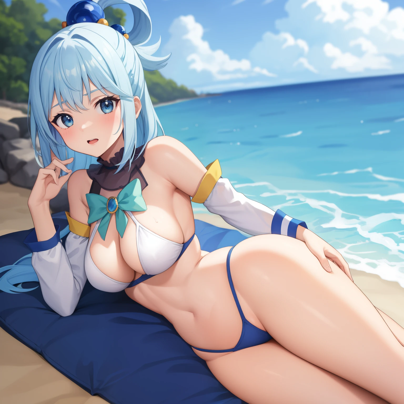 1girl, highleg panties, sexy , teen, withoua, show breasts ass, beach,, masterpiece, best quality, highly detailed, 1girl,blue hair, blue eyes, detached sleeves,hair ornament, bare shoulders, single hair ring,green bow, looking at viewer