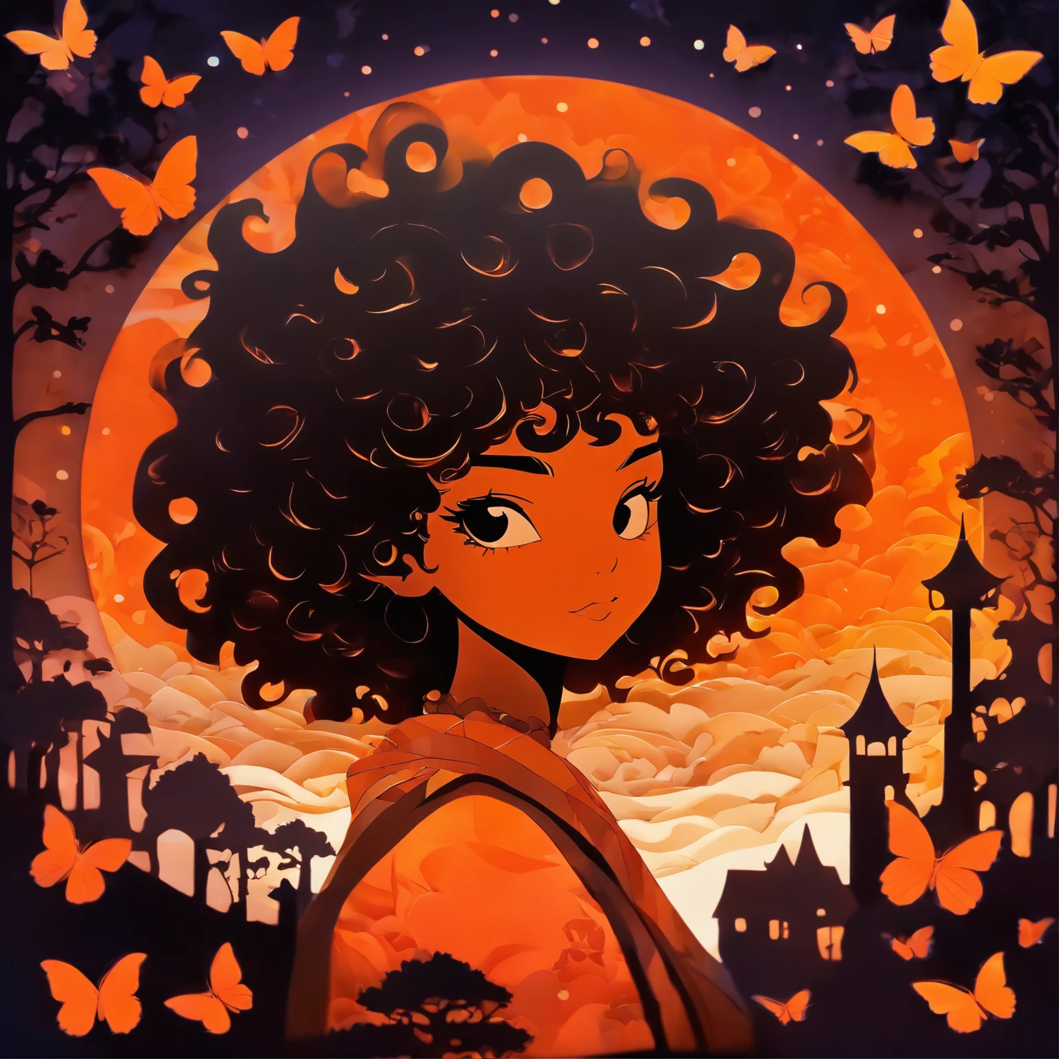 ( 2D Layered paper cutting art, Silhouette Art)silvery moon, 1 solo girl with curly Afro hair silhouette, urban casual fashion clothing, backlighting, soft glowing highlight, intricate masterpiece, digital art, whimsical storybook character, orange twilight , beautiful detailed face, butterflies, 96k, hyper detailed, white silvery moon, Gradient rainbow textured glass background by Loish and Yummei, negative space, mythical