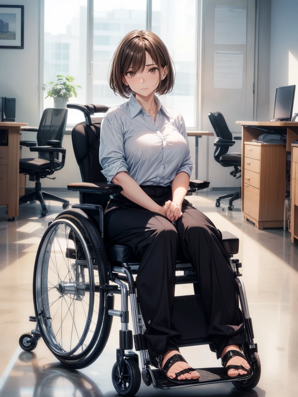 1人の女性、Best Quality, masutepiece, Beautiful mature、Beautiful face、Strong-minded woman、Being in a wheelchair、Office Suits、lower limb orthosis、artificial leg、brown haired、Brown-eyed、Bob Hair、40 years、adult lady、Full body like、sit with legs apart in a wheelchair