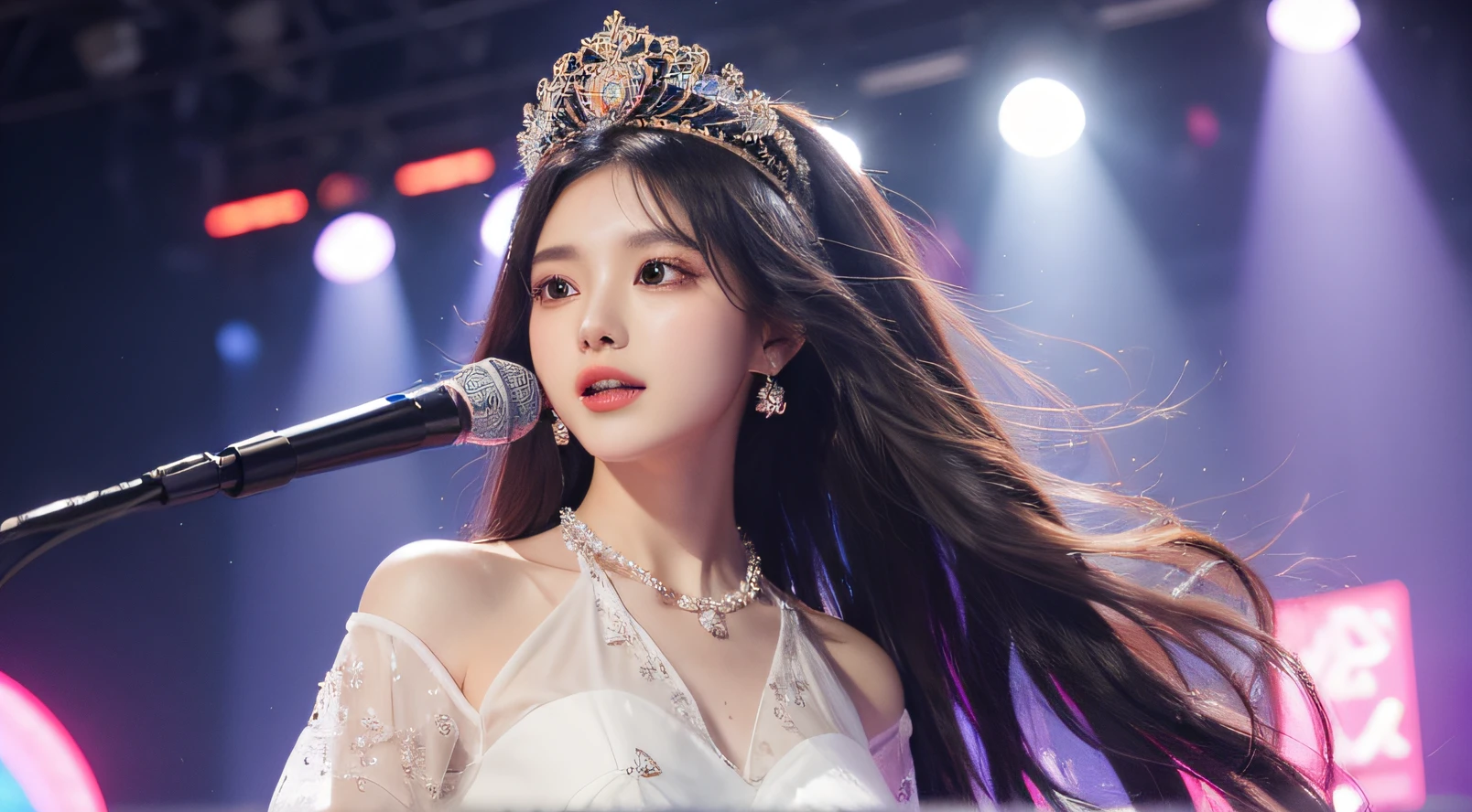 A beautiful idol,Fan Yujie,standing in front of a shining microphone,hyper realisitc,hyper HD