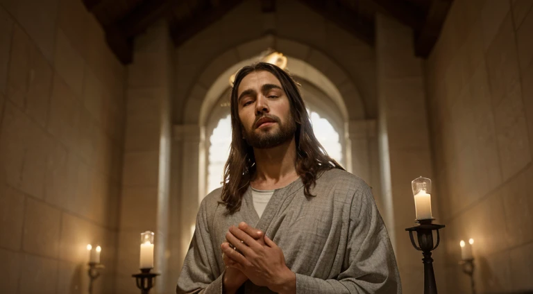 High resolution image of Jesus Christ, Conveying serenity and compassion. Highlight details and facial expressions that reflect the message of love and hope. Prioritize soothing colors and lighting that inspire a sense of spiritual peace. Thank you in advance for your careful and respectful representation."