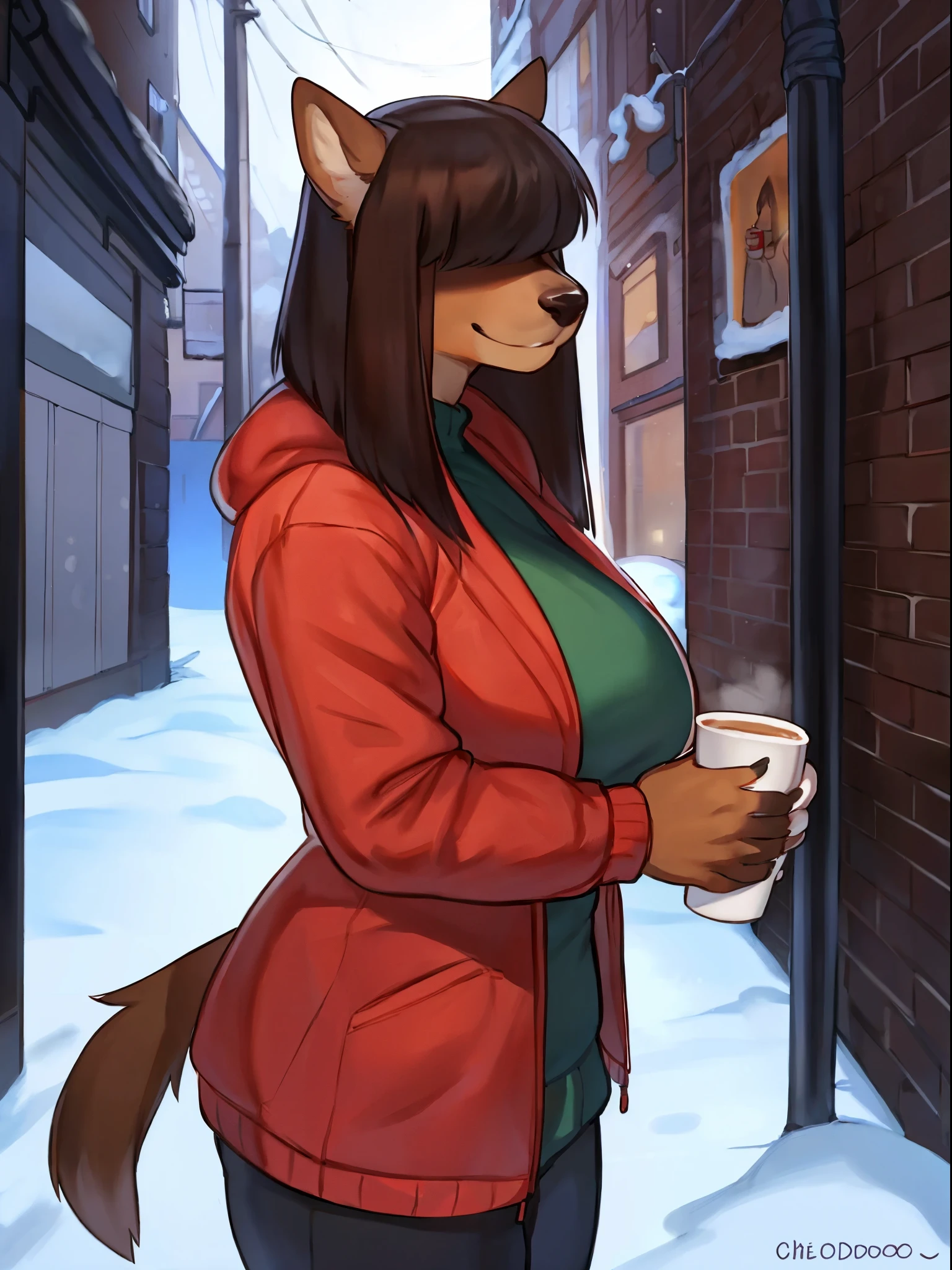 By bebebebebe, by chelodoy, by lostgoose, by goonie-san, solo, female, canine, ((snout, hair covering eyes, straight hair, medium hair, flat hair, thin snout, brown fur)), dark maroon hair, big breasts, (muscular), alley, winter, snow, snowing, smiling, looking at viewer, holding a hot cup of coffee, standing, red puffer jacket