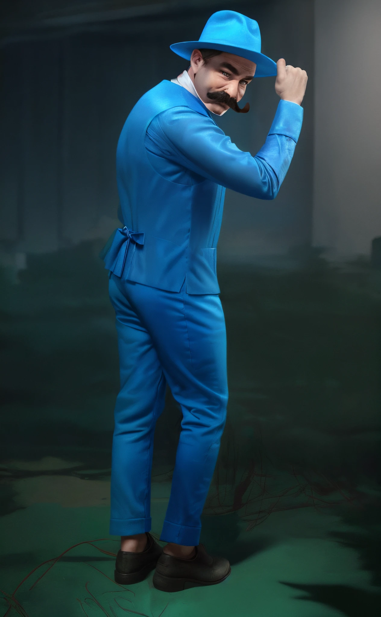 there is a man with a mustache and a hat, rim light, 4k, realistic, blue costume, blue hat, blue clothes