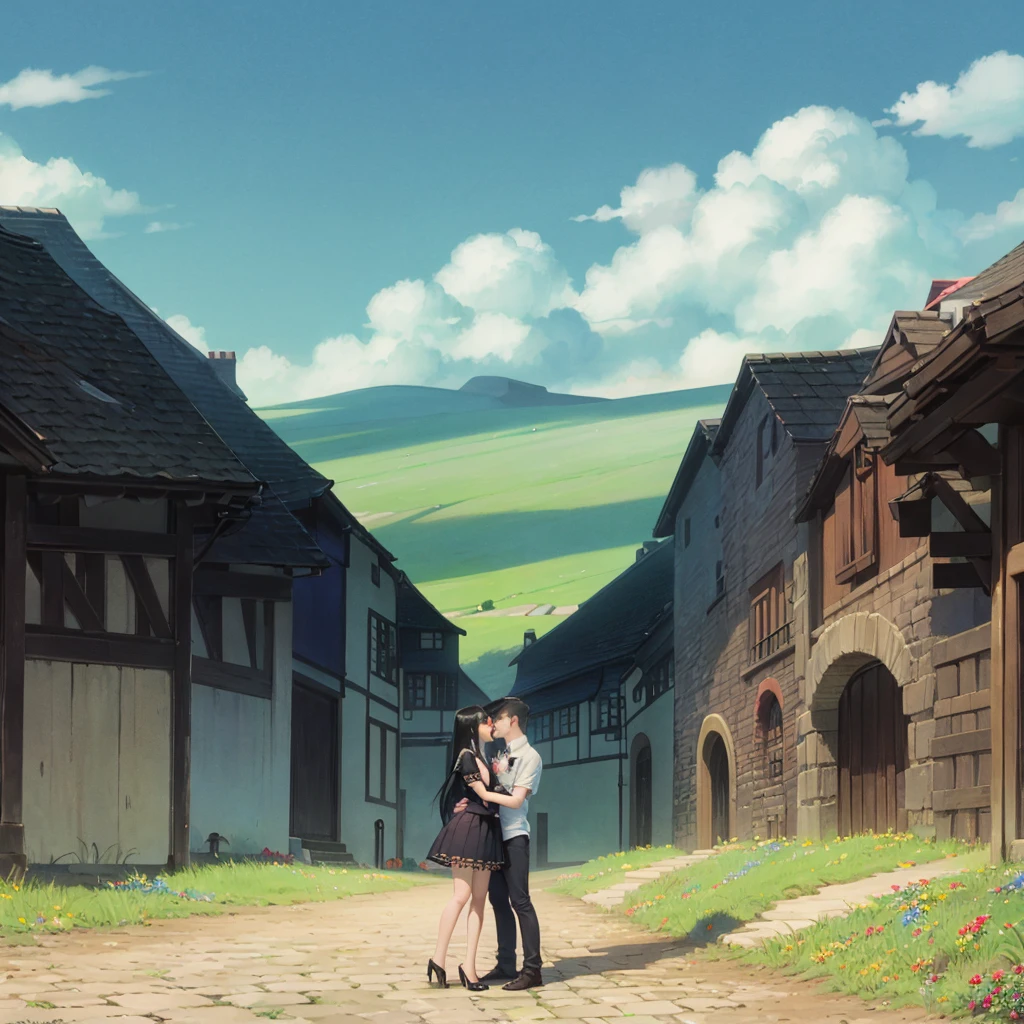 Inglaterra Cara com pele clara, medium black hair, His eyes are brown, ele usa roupas emo, and is kissing an Asian woman with medium black hair with a front bangs, pele branca, olhos rosa, goth clothing