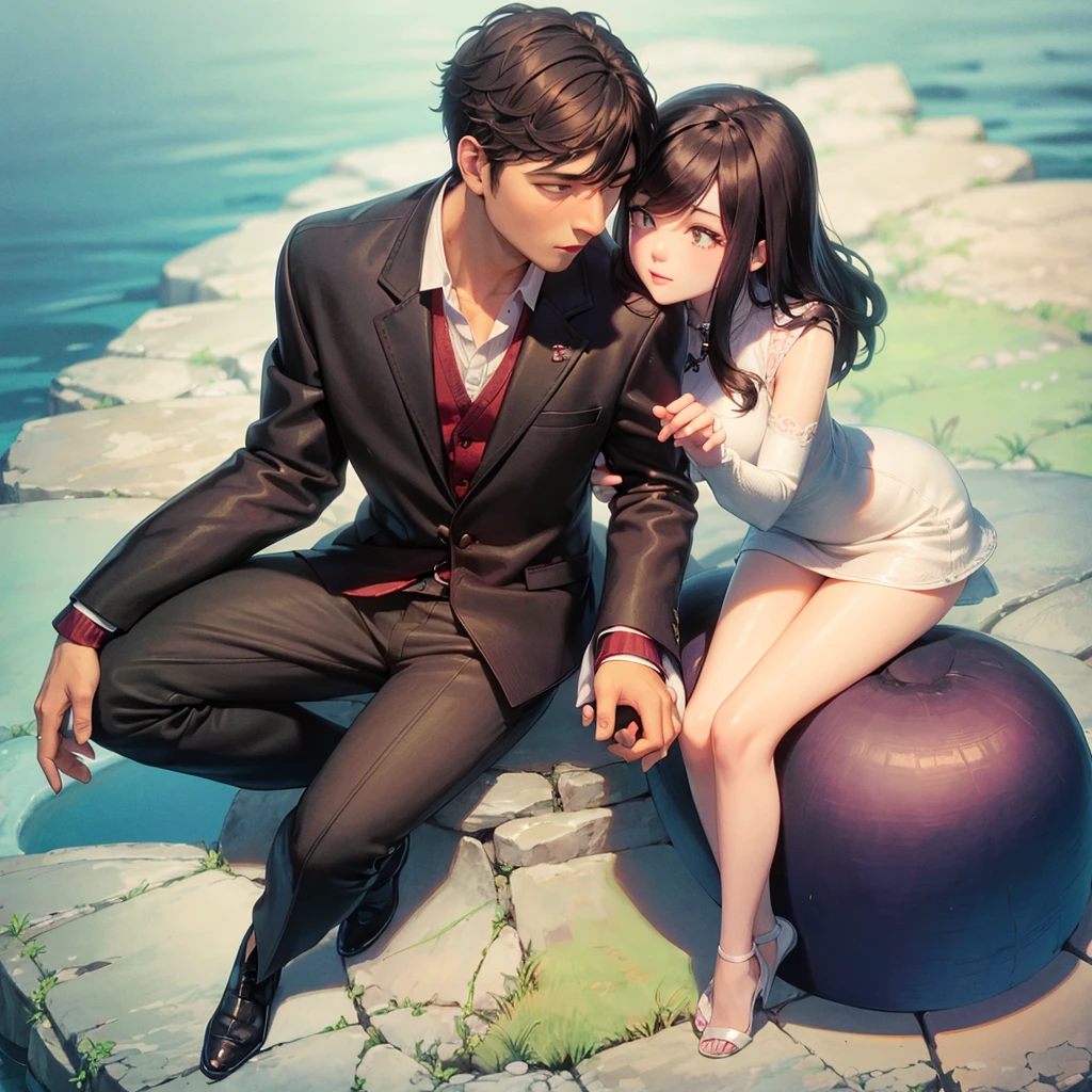 Inglaterra Cara com pele clara, medium black hair, His eyes are brown, ele usa roupas emo, and is kissing an Asian woman with medium black hair with a front bangs, pele branca, olhos rosa, goth clothing