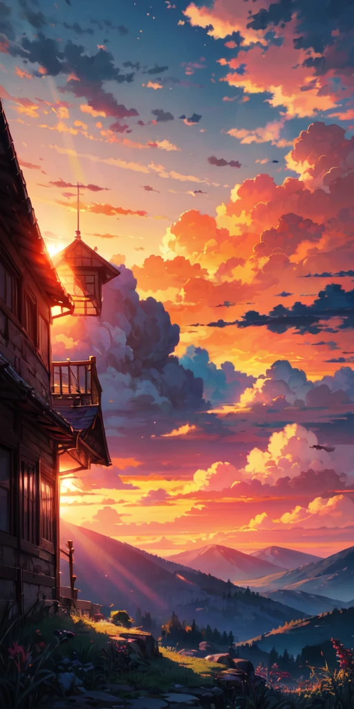 "A captivating sunset moment with a little girl enchanted by the magnificent golden sunlight and billowing clouds, evoking a sense of wonder and vibrant colors. master part."