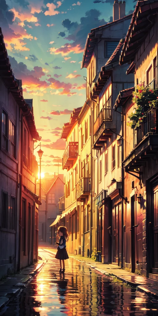 "A captivating sunset moment with a enchanted by the magnificent golden sunlight and billowing clouds, evoking a sense of wonder and vibrant colors. master part."