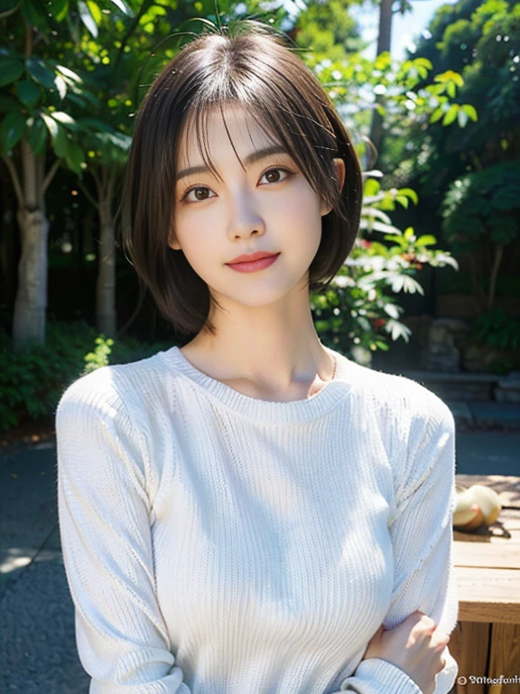 (​masterpiece:1.3), (8K), Photorealsitic, Raw photography, (realisitic, Photorealsitic:1.5), (top-quality:1.5), (超A high resolution:1.5), hyper realisitic, Bright lighting from front:1.8, (japanes), (１a person:1.5), (30-years old), (White tight sweater:1.5), (A big smile), (Double eyes), (Sauce order:1.5), (Thin makeup), (short-hair:1.8), (Straight hair), (Silvery hair), Large breasts:1.5,very detailed and professional lighting、slender、serious facial expression、Transparent skin、randome pose、Glowing hair