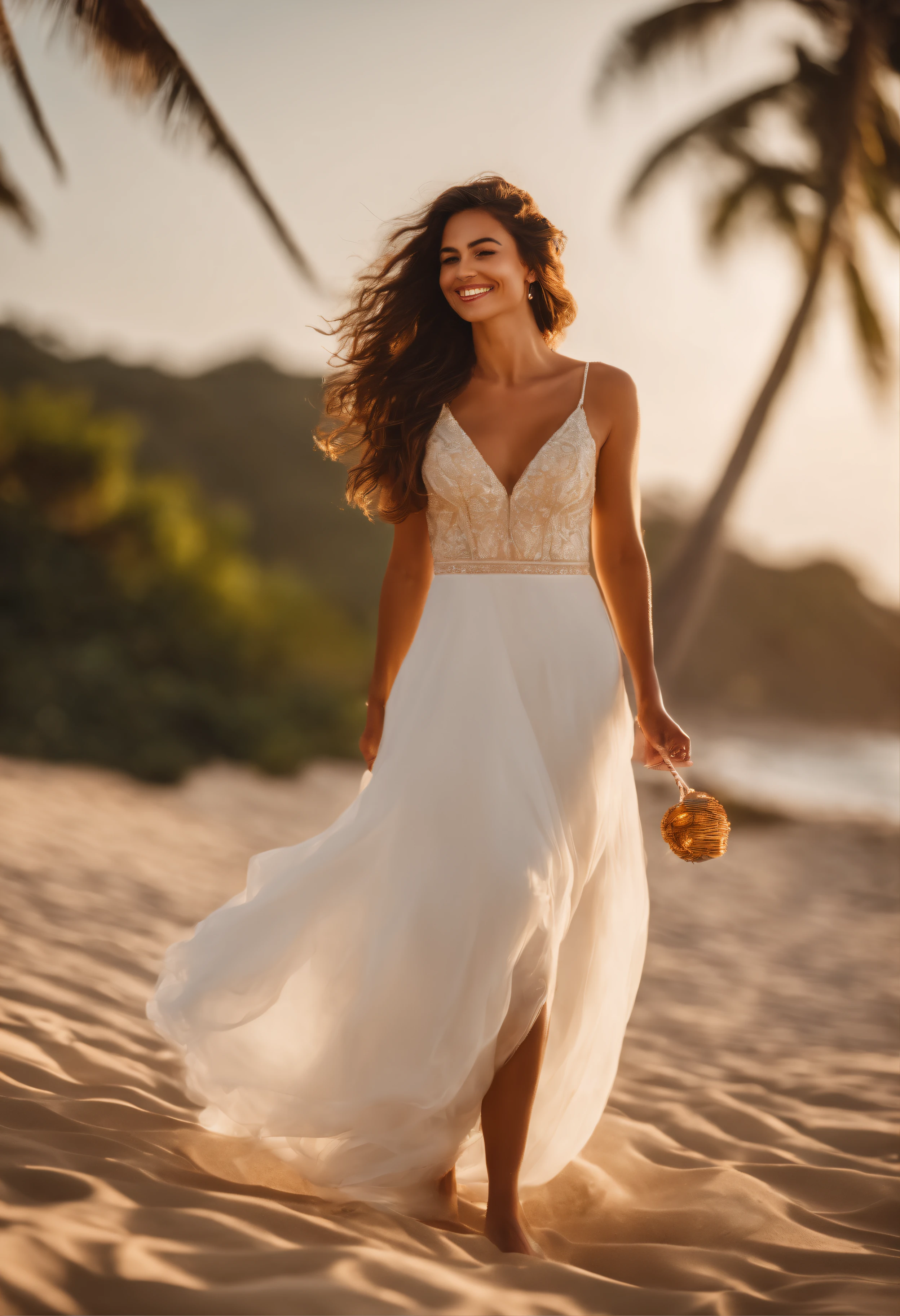 photo of a stunning handsome Brazilian wedding bride, wearing wedding dress, honey eyes, long messy brunette hair, happy expression, smiling, closeup zoomed in tight crop portrait, walking down a (paradisiacal beach scene:1.2) (beach slippers in his hand:1.3) (Lighting-Gold:1.2) foreground objects background details (masterpiece:1.2) (photorealistic:1.2) (bokeh:1.2) (best quality) (color grading) (detailed skin:1.3) (intricate) (8k) (HDR) (cinematic lighting:1.3) (sharp focus), messy windy hair, full body,