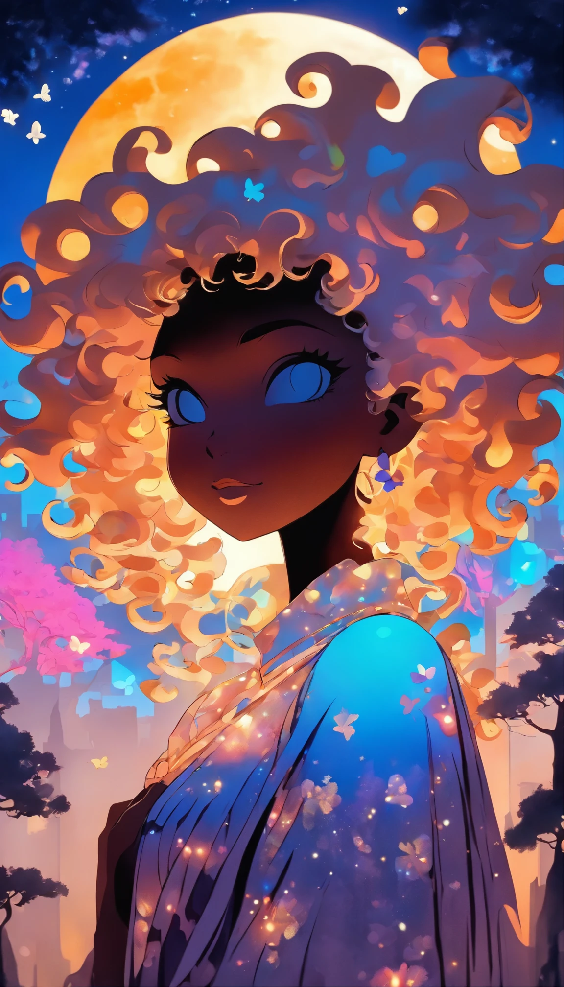 ( 2D Layered paper cutout art, Silhouette Art)silvery moon, 1 solo girl with curly Afro hair silhouette, full body, urban casual fashion clothing, backlighting, soft glowing highlight, intricate masterpiece, digital art, whimsical storybook character, soft blue twilight , beautiful detailed face, butterflies, 96k, hyper detailed, white silvery moon, Gradient rainbow textured glass background, by Loish and Yummei, negative space, mythical