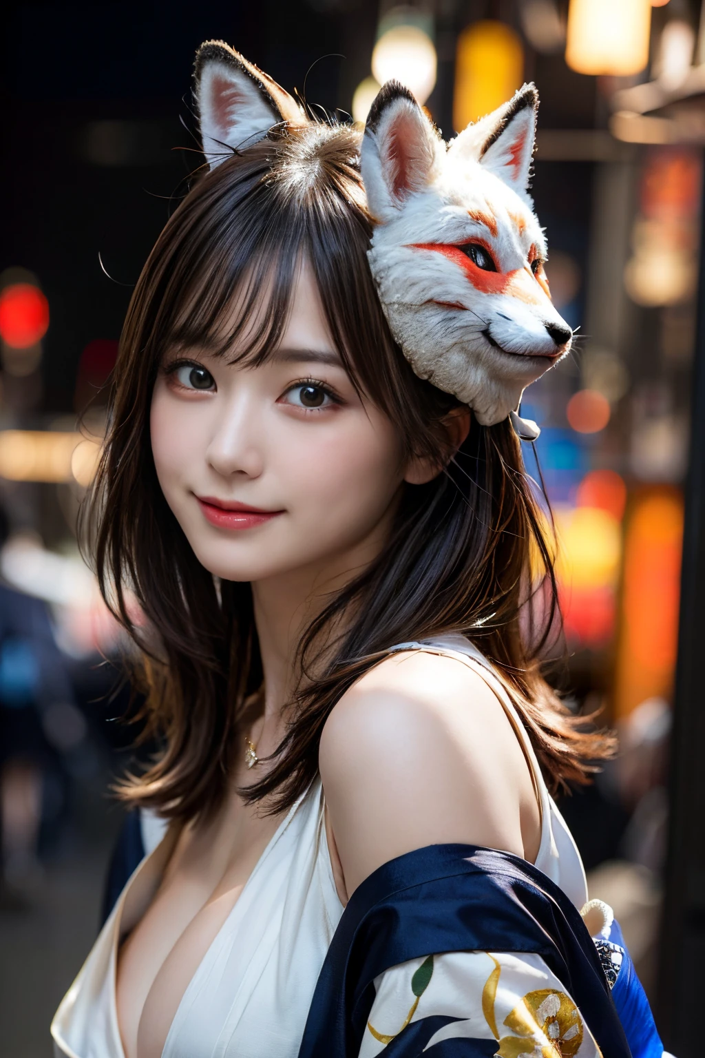 masutepiece, Best Quality, Illustration, Ultra-detailed, finely detail, hight resolution, 8K Wallpaper, Perfect dynamic composition, Beautiful detailed eyes, summer  dress,Medium Hair,Natural Color Lip,Necklace,(chest Cleavage glimpse :1.1),Random and sexy poses,Smile,( The body is facing forward,Facing:1.3),cabaret club,20 years girl,Cowboy Shot,Night,Wear a kimono,He is wearing a fox mask on his head.