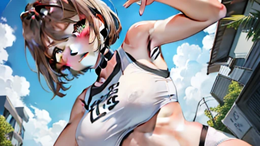 haibara,brown hair, blue eyes,bob cut,
jewelry, white yoga crop top, white yoga tight shorts, hands on chest,see-through, looking at viewer,  hair ornament, choker, shy,
(masterpiece, top quality, best quality, official art, beautiful and aesthetic:1.2), (1 girl), extreme detailed,  colorful, highest detailed,
(huge breasts:1.2,) upper body, from below,  cameltoe,
city,street, leaning,  wall, sun, cloud,