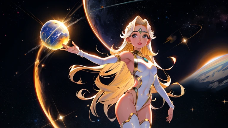 masterpiece、full:1.3、stand、8k、Highest quality、極めて詳細な CG Unity 8k の壁紙、From below、Intricate details、(1 female)、2、(Sailor Moon:1.6 Super Bishoujo Senshi Sailor Moon Mer1、Meishaon,Tierra、Sailor Warrior Uniform Sailor:1.5、Sailor Moon:1.5,Eternal Sailor Moon)、(信じられないほど長くて明るいTwin tailsのブロンド:1.4、thin and very long straight twin tail blonde, Hair Bun、Red round hair ornaments in a hair bun)、((Blue Collar,Blue Pray Ultra Mini Skirt:1.5、very large Red Bow on the chest,,Long white latex gloves,Red gloves on elbows、Exposing the upper arm,A gorgeous golden tiara on her forehead、耳Nipple Ring,Luxury gold jewelry))、Ultra-thin, high-gloss white holographic leather、High gloss white latex high leg swimsuit that shines like oil,(Facial details:1.5、blue eyes、Beautifull expression、beautidfull eyes、Iris Contour, Eyes with highlights、thin唇:1.5、Thin, sharp, pale eyebrows,、Long eyelashes、Double eyelashes、thin, Lean and muscular,,,、Small Face、tall and big chested、Perfect Proportions、Big breasts and small waist、Sexy model posing、Dynamic pose,Visible pores、A seductive smile、Perfect hands:1.5、Octane Rendering、A very dramatic picture、(moonの神性,Space Background、moonの光、moon、Dynamic Background、Exquisite lighting and shadows、Dynamic Angle、Detailed Background),Strong natural light、sunlight、Digital SLR、Sharp focus: 1.0、Maximum clarity and sharpness、mecha musume,(Honestly, Double Bang, Twin tails, Parted bangs, Circlet, jewelry, Earrings, choker, Red Bow, White gloves, Elbow hand pockets,(Honestly, Double Bang, Twin tails, Parted bangs, hair ornaments, Circlet, jewelry, Earrings, choker, See through, Red Bow, White gloves, Elbow hand pockets)),((Big Breasts,naked:1.7))