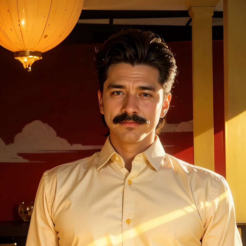man with a mustache in a yellow shirt
