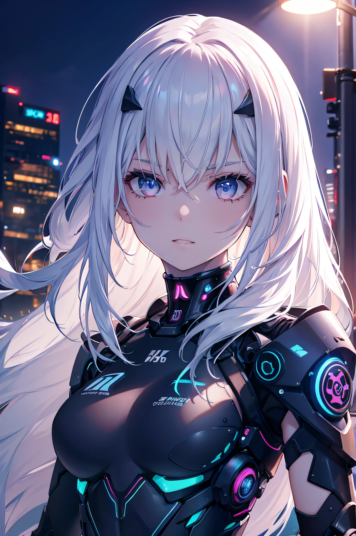 cyber punk style, A young girl with white hair, long_the hair, Wear a high-cut swimsuit, Power exoskeleton, in city, natta, (tmasterpiece:1.2), (Best quality at best,4K,8K,A high resolution), ultra - detailed, (actual,realisticlying,Photorealistic:1.37), HighDynamicRange, hyper HD, Studio lighting, Extremely detailed description, professional, vivd colour, bokeh, sportrait, The landscape, Japanese cartoon, Concept artist, neon colored, futuristic lighting.