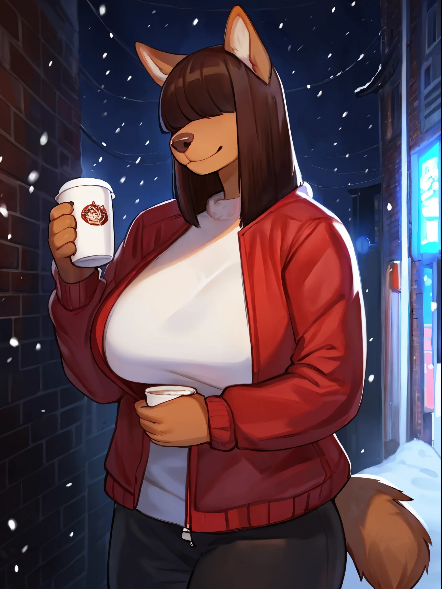 By bebebebebe, by chelodoy, by lostgoose, by goonie-san, solo, female, canine, ((snout, hair covering eyes, straight hair, medium hair, flat hair, thin snout, brown fur)), dark maroon hair, big breasts, (muscular), alley, winter, snow, snowing, smiling, looking at viewer, holding a hot cup of coffee, standing, red puffer jacket