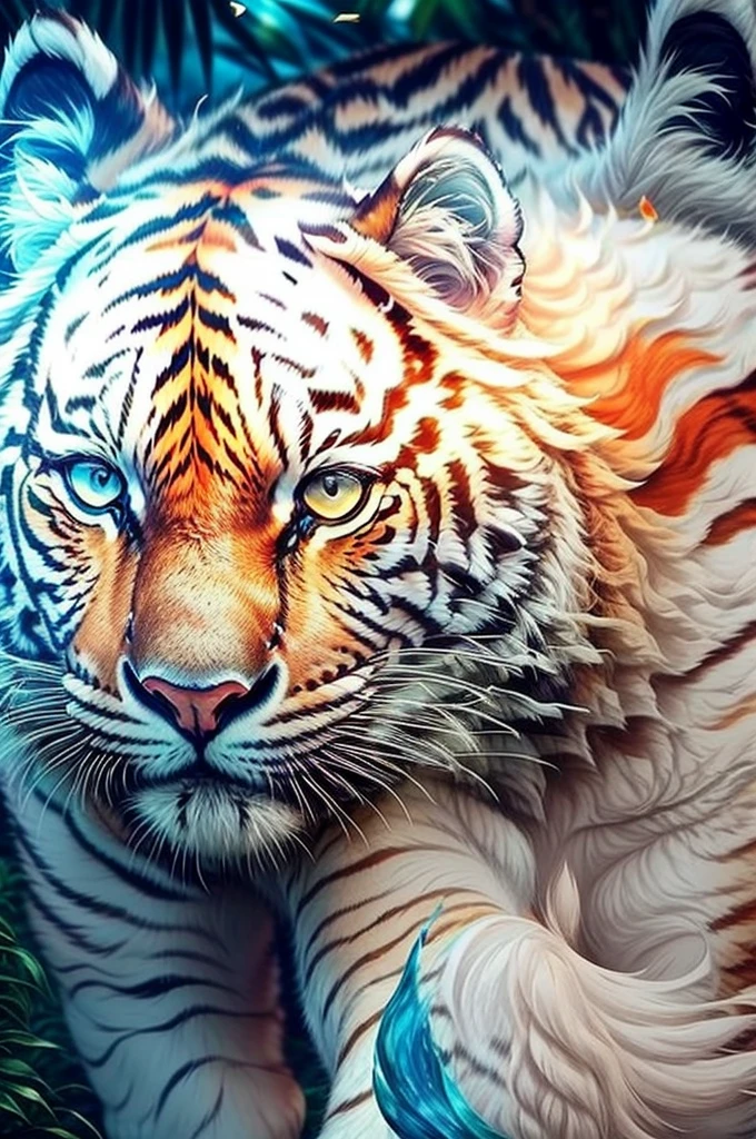 O Tigre Branco， nascer do sol，  A mixture of alcohol ink and white tiger， Explosions，
Yang08k，big breasts are beautiful，
tmasterpiece，qualidade superior，Best quality at best，Arte Oficial，lindo e bonito，