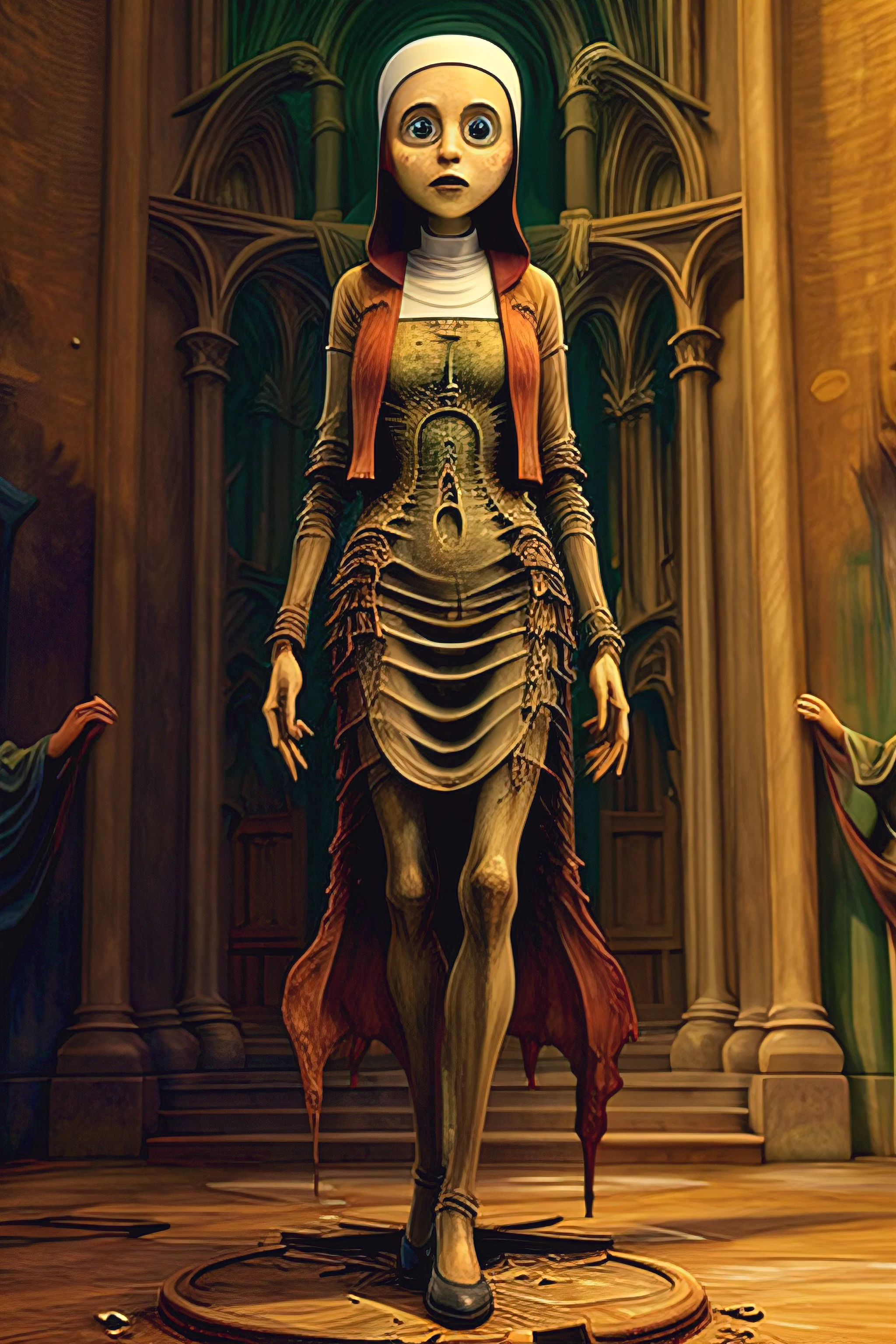 ((mummy girl)), ((anatomical bandaged arms)), ((anatomical bandaged legs)), ((anatomical bandaged body)), full body, ((anatomical)), with old skeleton parts, in a over grown pyramid, 8k, RAW photo, best quality, masterpiece, high detail RAW color photo, dramatic lighting, cinematic lighting, back light, professional lighting,