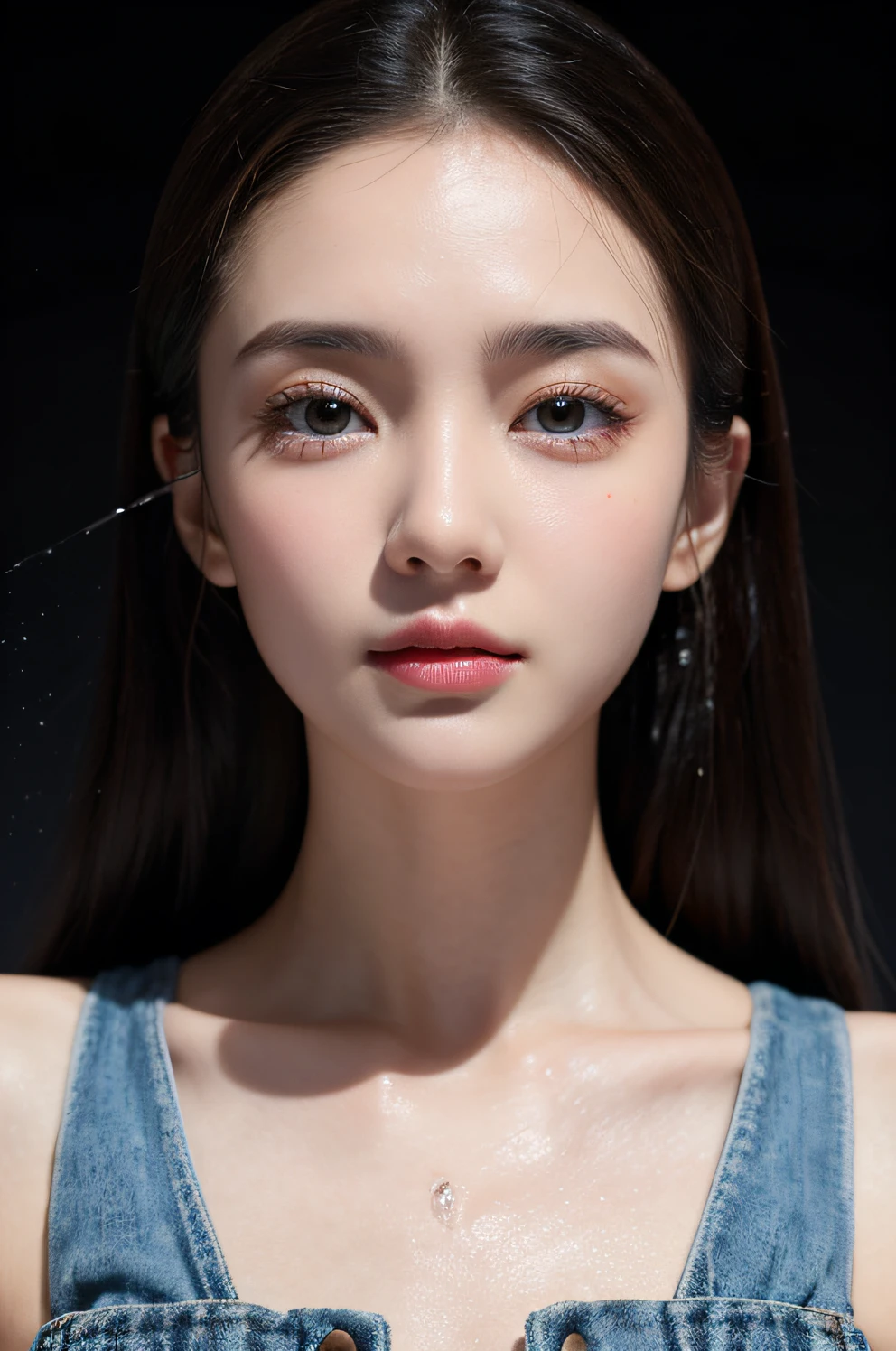 The character is a young woman with small drops of water on her face,The overall picture is relatively clean.,sober,highlight face detail,The picture contains certain technological elements,But it has real effect。