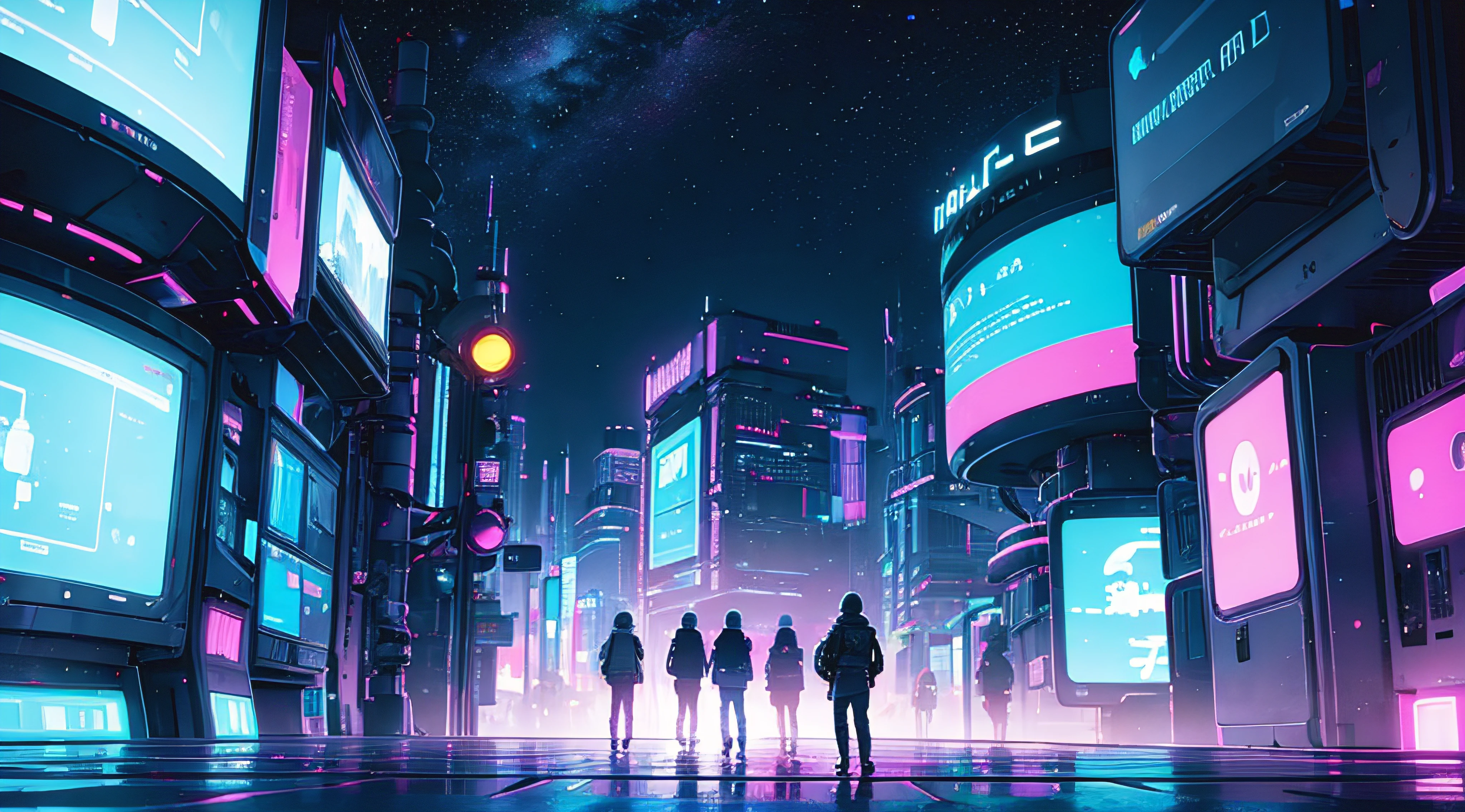 Programmer, future world, space, neon, pastel colors