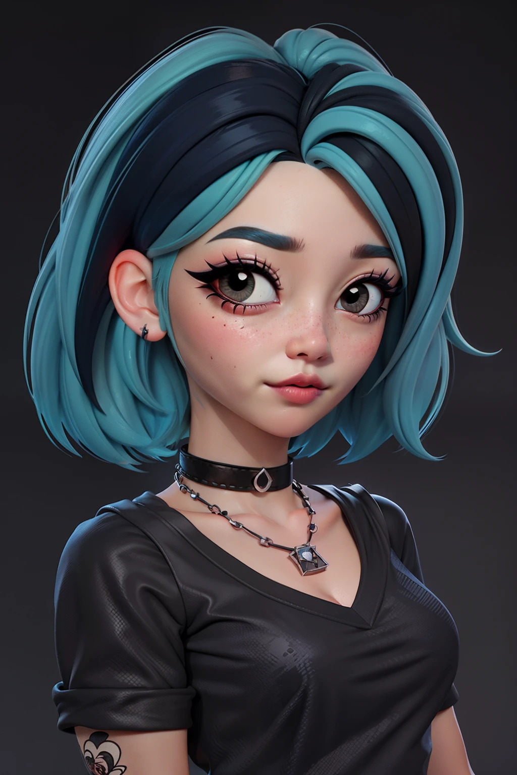 masterpiece, best quality,3d rending work ,3DMM style,close-up,portrait, 3D,1girl, solo, multicolored hair, blue hair, black hair, necklace, freckles, jewelry, two-tone hair, looking to the side, realistic, upper body, simple background, bangs, looking away, short hair, parted lips, black eyes, lips, gothic, choker, makeup, mole, black shirt, shirt, watermark