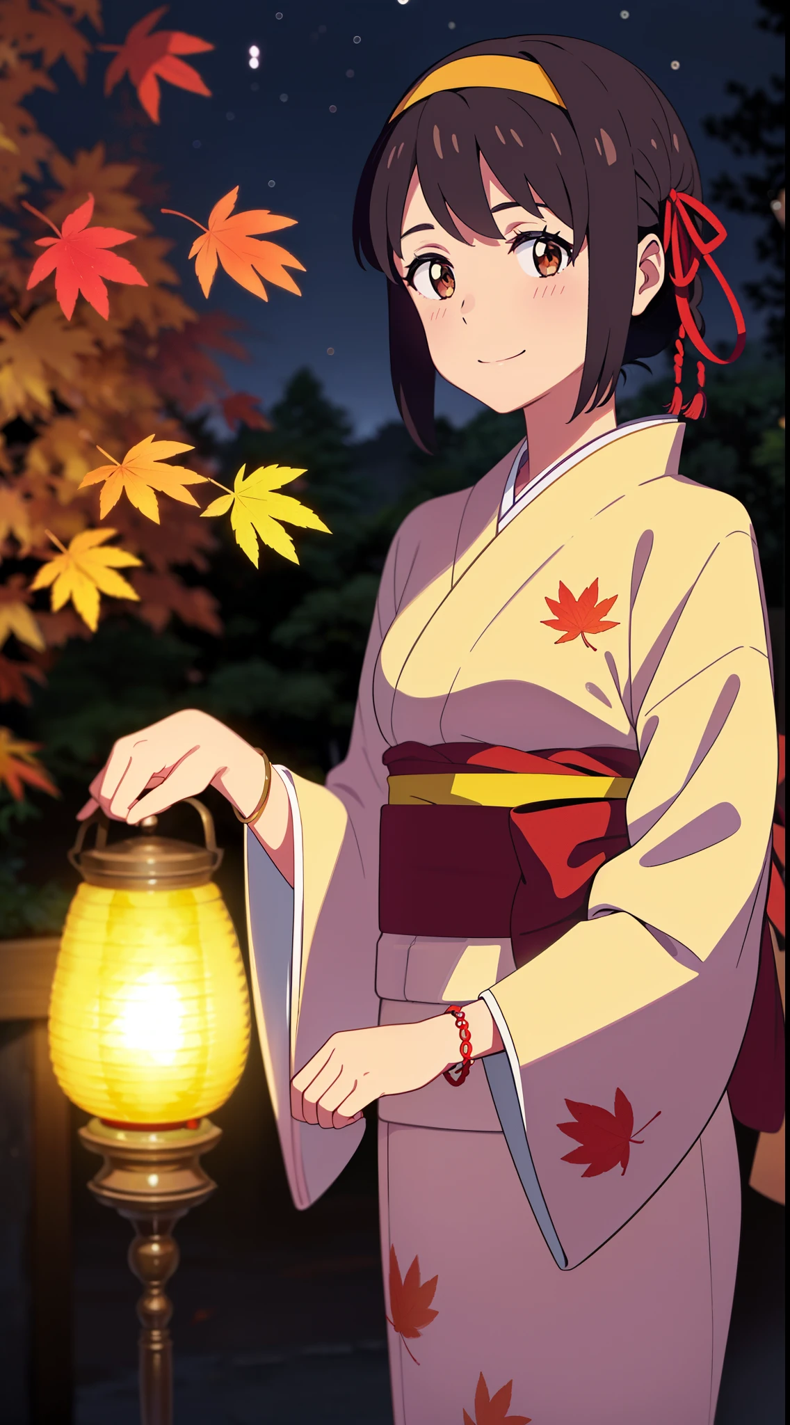 (masterpiece, best quality, high quality, highres, ultra-detailed), shinkai makoto, kimi no na wa., 1girl, bangs, black hair, blush, bright eyes, brown eyes, headband, looking at the viewer, red bow, red headband, red ribbon, japanese clothes, kimono, floral print, sash, obi, print kimono, yukata, short hair, medium breasts, solo, outdoors, shadow, night, starry sky, night sky, shiny skin, standing, smile, happy, bracelet, lantern, {{{{{{in autumn}}}}}}, maple leaf, maple tree, fallen leaves, park, falling leaves, autumn scenery, warm color., beautiful, pretty, {{{{fluttering leaves}}}}