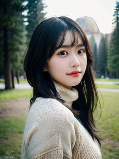 (masterpiece, best quality, photo realistic, official art:1.4), (UHD, 8K quality wallpaper, High resolution, raw photo, film grain:1.2), (shiny skin), professional lighting, physically-based rendering, Award-winning, highly detailed skin, (extremely detailed face and eyes, clear pupils), Carl Zeiss 85 mm F/1.4, depth of field, BREAK, 1girl, solo, kawaii 24-year-old Korean girl, (Nogizaka idol:0.7), (Korean idol:0.9), (glossy straight black hair, shoulder
length straight hair, forehead:1.3), extra rounded face, single eyelid, (soft smiling, closed mouth:1.3), (wearing turtle neck sweater and longsleeved flannel shirt:1.3), (trekking pants, trekking boots:0.7), (breasts emphasized, well shaped medium breasts:0.8), (looking at viewer), BREAK, (at a forest in Yosemite National Park), winter daytime, warm sunlight, (The Half Dome in background:1.2), (seductive posing, dynamic angle:1.3), upper body shot,