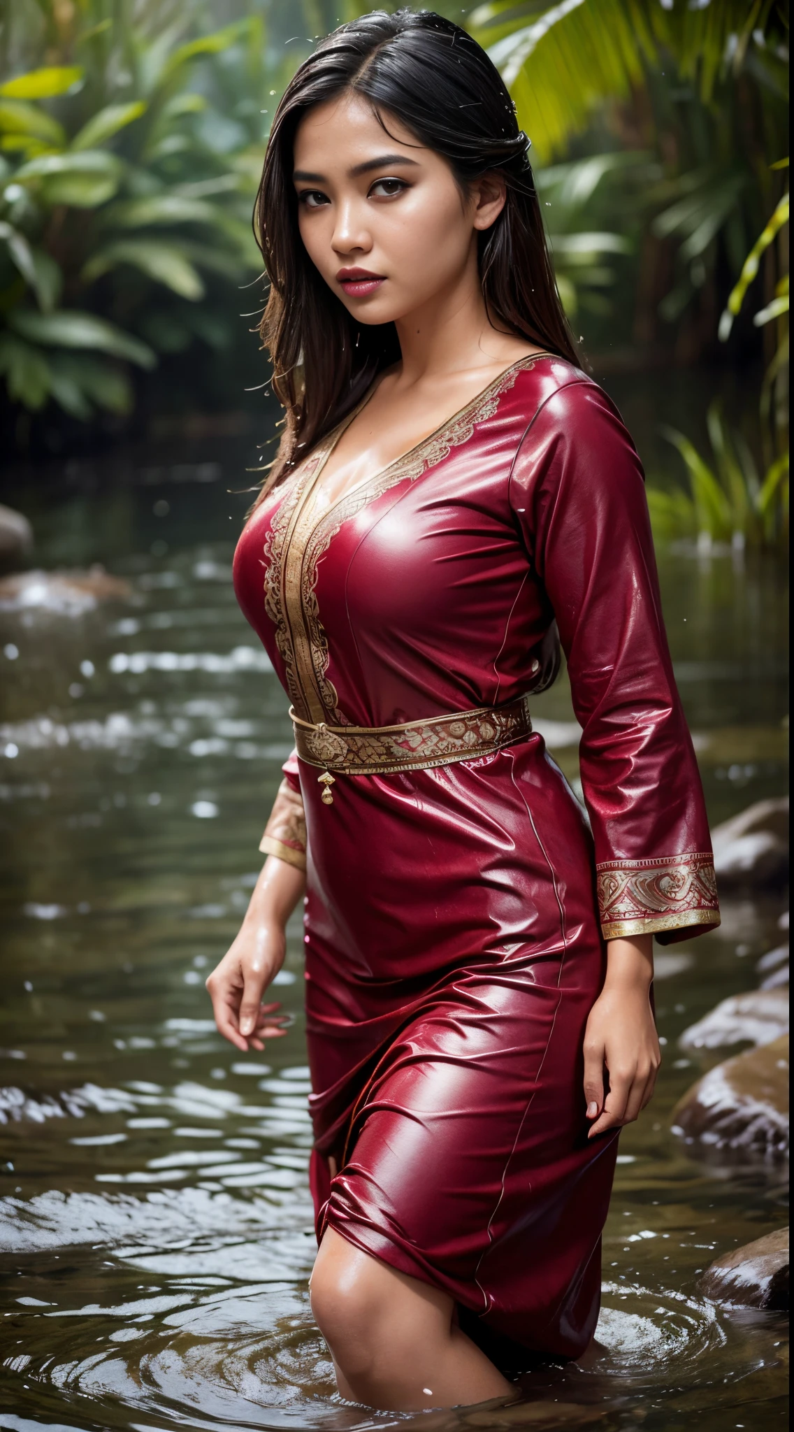 Show me a full body view of an 18 year old girl with long red hair and an Arabic dress standing in the rain and smiling. 
