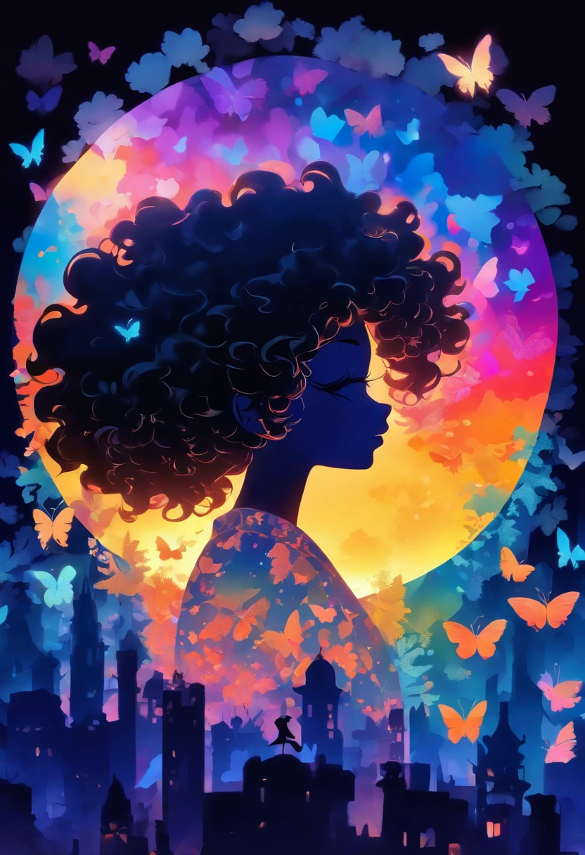 ( 2D Layered paper cutout art, Silhouette Art)silvery moon, 1 solo girl with curly Afro hair silhouette, full body image, urban casual fashion clothing, backlighting, soft glowing highlight, intricate masterpiece, digital art, whimsical storybook character, soft blue twilight , beautiful detailed face, butterflies, 96k, hyper detailed, white silvery moon, Gradient rainbow textured glass background, by Loish and Yummei, negative space, mythical