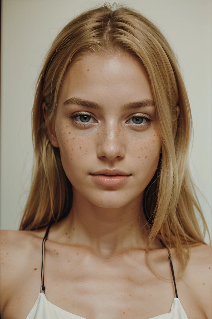Beautiful blonde woman with freckles holding a framed piece of art, Portra 400 film photo, analog inspiration, UHD, high details, best quality, super detail