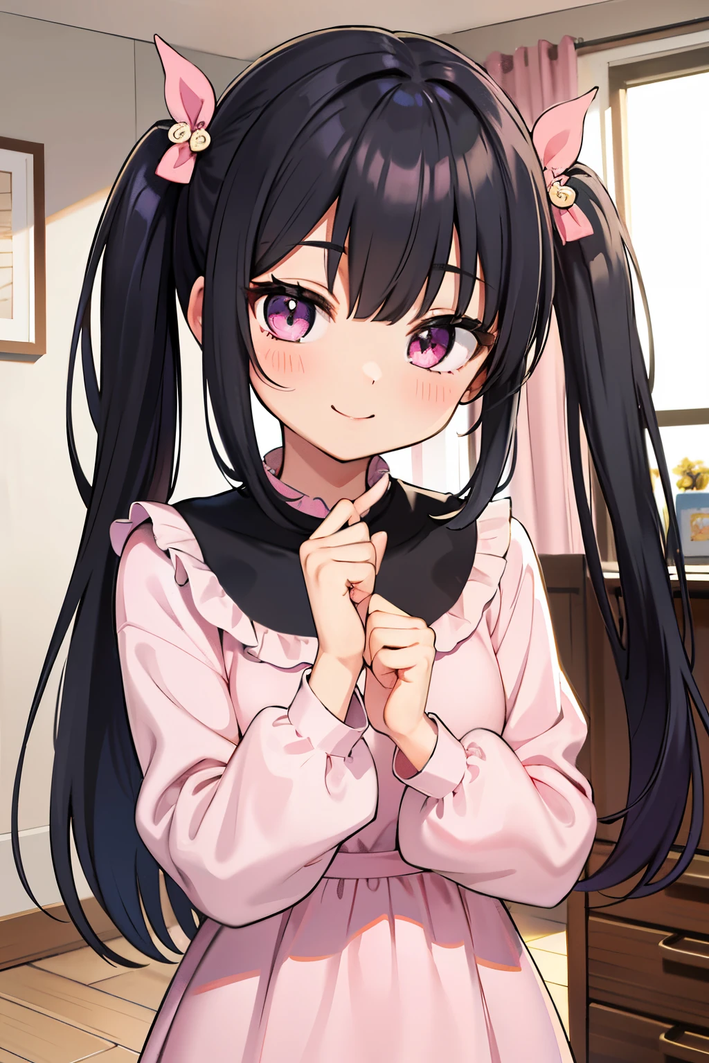 top-quality、Smile、s girl、The lively atmosphere、Look at viewers、charactor focus、kawaii、Fun、pink clothing、Long Black Hair、inside in room、frilld、hair adornments