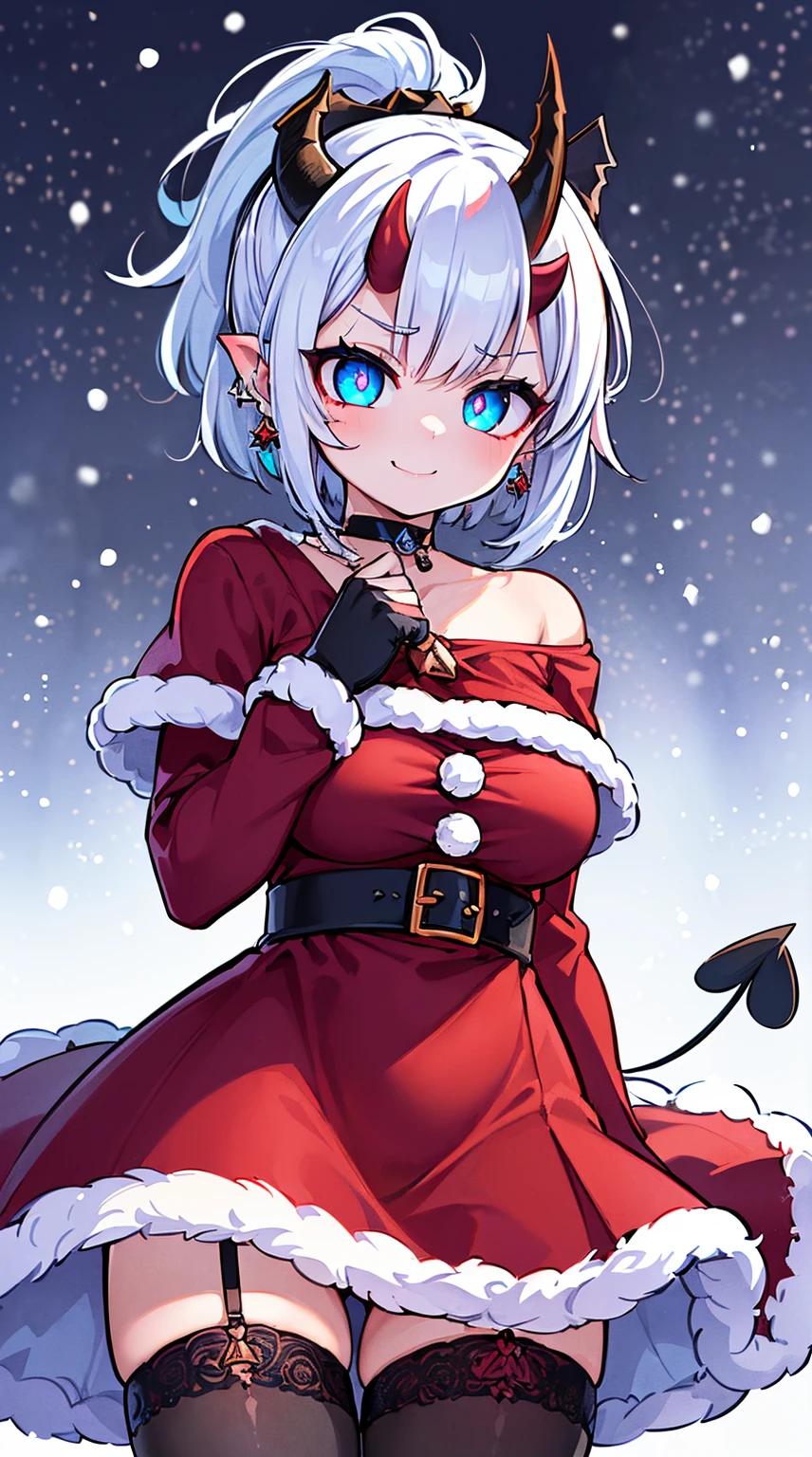 ((( (Winter background), (Snowing), (Christmas theme), (Slutty Santa outfit), ))) BLACKLIGHT, ((NSFW)), ((Medium Boobs)), realistic art, extremely delicate and beautiful, ultra-detailed, (1girl), ((Blue eyes)), floating, detailed light, illustration, dynamic angle, depth of field, ((((milf)))), girly, ((Blue and White hair, multicoloured hair, Blue highlights hair, (Ponytail), hair ornament, hair flower, flower, makeup, braid, smile)), demon eyes, fangs, pale white skin, (((best quality, tall girl, (skindentation), (blur background:0.6), (casual yet stylish, ((Demon Horns)), ), gorgeous, (short hair:1.5), soft lighting, wind, (front light:1.5), surprised, choker, smile, jewelry, earrings))), (ultra high res, best quality,), (8k, raw photo, best quality, masterpiece), technological sense, best quality, masterpiece, illustration,CG ,unity ,wallpaper, official art, Amazing, finely detail, an extremely delicate and beautiful,extremely detailed, highly detailed, sharp focus,rich background, (real person,photograph), ((high detailed skin)), ((( , (crazy eyes:1.3), (wide-eyed:1.2), (glowing eyes), (Demon) ))), (((a close up of a person with a weird face and nails, gothic maiden anime girl, gothic - cyberpunk, cyberpunk horror style, gothic art style, detailed digital anime art, gothic art, demon anime girl, gothic girl face, anime style 4 k, dark art style, anime cyberpunk art, gothic aesthetic, 18 - year - old anime goth girl, gothic horror vibes)))