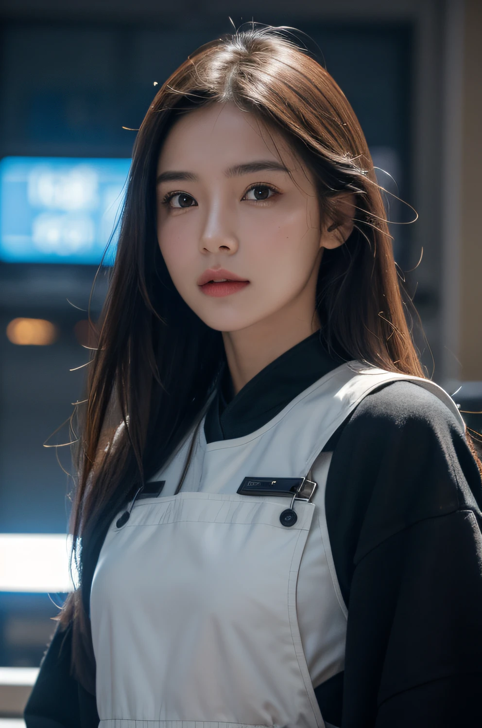 Pictured is a young woman,The character's face contains certain details,The overall picture has a certain sense of technological future.,Screen looks clean,The people in the picture are all in the middle,,Natural expression