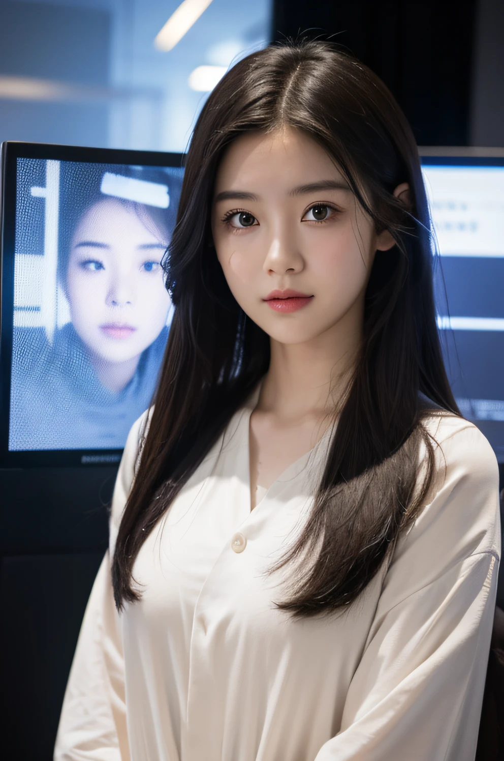 Pictured is a young woman，The character&#39;s face contains certain details，The overall picture has a certain sense of technological future.，Screen looks clean，The people in the picture are all in the middle，，Natural expression