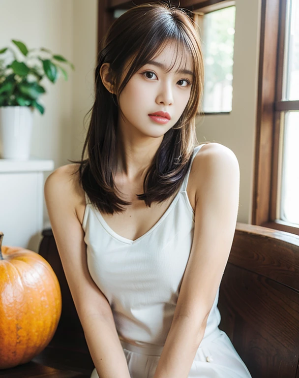 (​masterpiece:1.5)、(8K)、(Photorealsitic:1.5)、Raw photography、(Top image quality:1.4)、(foco nítido:1.5)、 top-quality、​masterpiece、超A high resolution、very detailed and professional lighting、 23 years old、slender、prety woman:1.4、serious facial expression、 In the living room where the morning sun shines、Benches、autumnal、randome pose、 dressed casually、 light brown hair、poneyTail、Glowing hair、 Super Detail Face、A detailed eye、二重まぶた、 Natural Color Lip、Transparent skin、Slim Faces