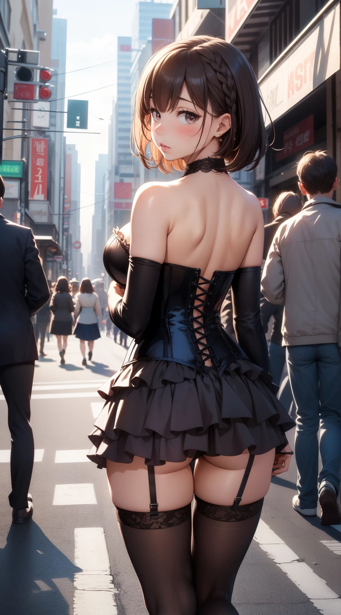 masterpiece, best quality, highres, 1girl, solo, bangs, blush, light makeup, (glossy lips), highly detailed, illustration, aichan, short brown hair, side braid, standing, city street, crowd, strapless corset, thigh highs, ruffled skirt, layered skirt, looking back at viewer, (view from behind), ( focus)