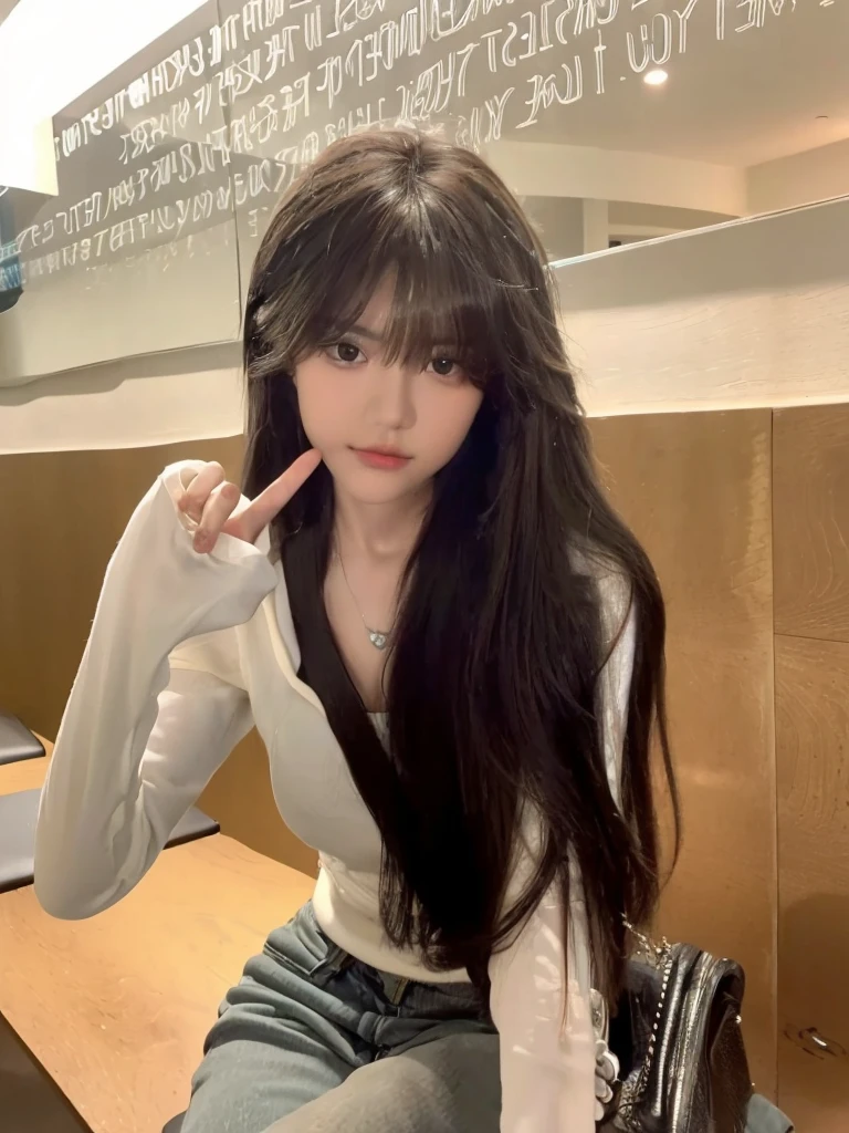 The Araff woman sat on a bench，Place your fingers on your lips, ulzzangs, long hair with bangs, Qi bangs long hair, Long hair, Long white hair and bangs, lalisa manobal, jinyoung shin, Long brown bangs, Long dark hair with bangs, She has black hair，With bangs, Asian girl with long hair