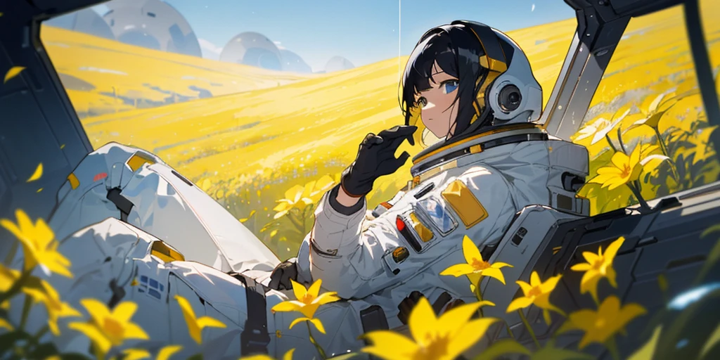 (masterpiece, best quality),cinematic composition, letterboxed, depth of field, solo focus, astronaut sitting in a field of yellow flowers with resting on the ground, gloves, yellow flower, black gloves, spacesuit, science fiction, sunlight, black hair, blue eyes, looking at viewer