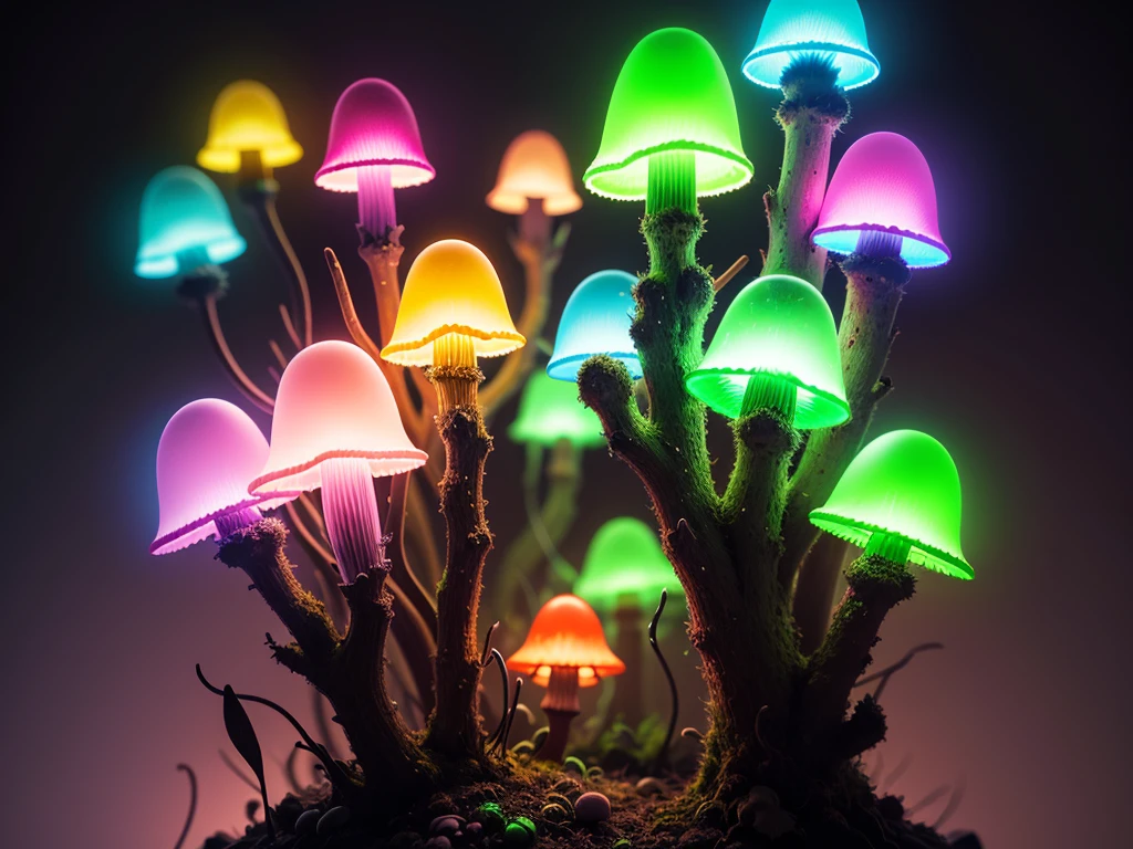 bioluminescent fungi, transparent mushrooms glowing with neon light, mushrooms have a complex, highly detailed structure, Neon, black backdrop