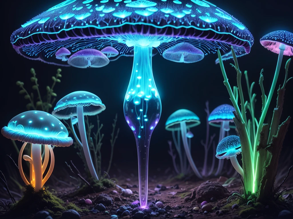 bioluminescent fungi, transparent mushrooms glowing with neon light, mushrooms have a complex, highly detailed structure, Neon, black backdrop