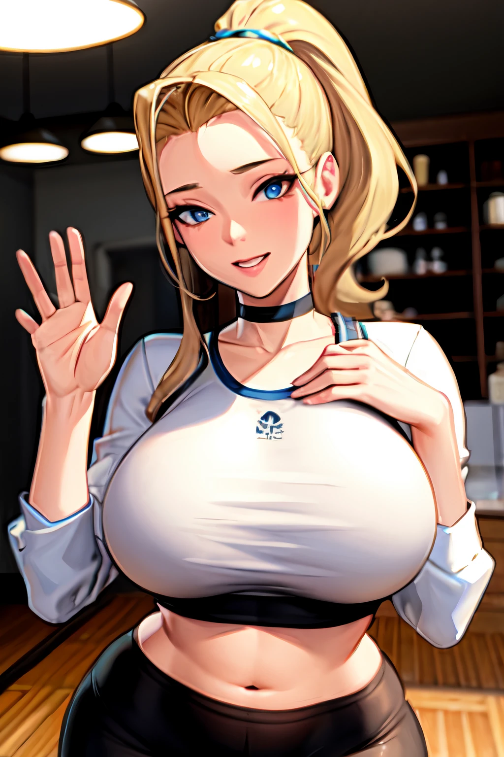 ((best quality)), ((masterpiece)), (detailed), perfect face, Blonde, blue eyes, high ponytail, forehead, slick back, choker, white crop top, yoga pants, busty, curvaceous, voluptuous