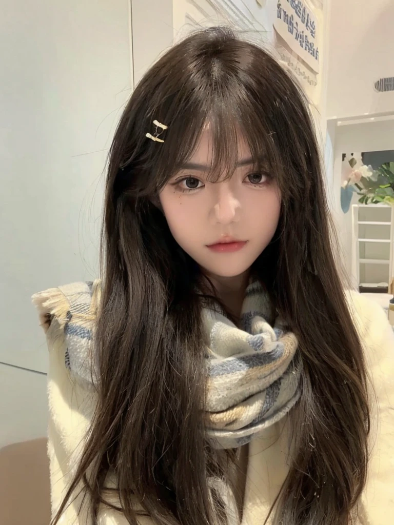 Close-up of a man with long hair wearing a scarf, ulzzangs, Qi bangs hair, long straight bangs, long hair with bangs, Qi bangs long hair, Long brown bangs, brown bangs hair, Long hair, Korean girls, Young and cute Korean face, brown hair and bangs, Long dark hair with bangs