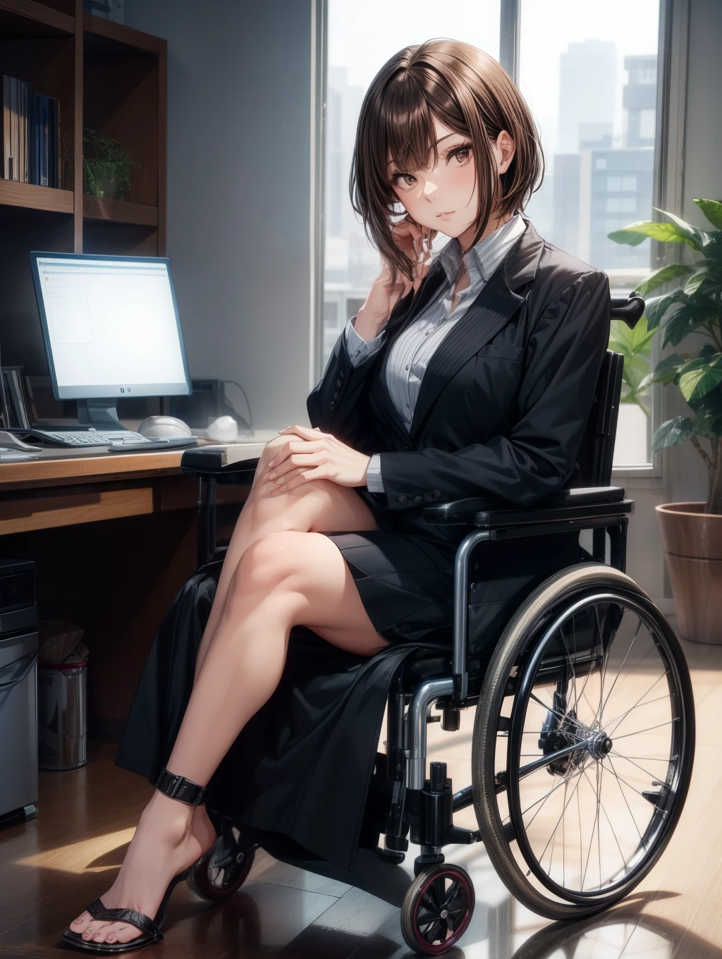 1人の女性、Best Quality, masutepiece, Beautiful mature、Beautiful face、Strong-minded woman、Being in a wheelchair、Office Suits、metal leg orthosis、metal prosthetic leg、brown haired、Brown-eyed、Bob Hair、40 years、adult lady、Full body like、sit with legs apart in a wheelchair