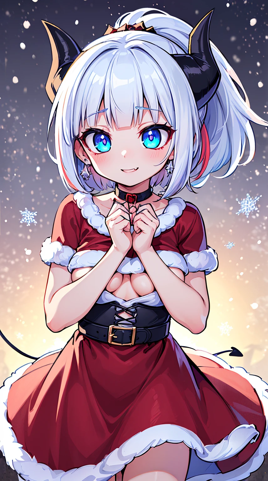 ((( (Winter background), (Snowing), (Christmas theme), (Slutty Santa outfit), ))) BLACKLIGHT, ((NSFW)), ((Medium Boobs)), realistic art, extremely delicate and beautiful, ultra-detailed, (1girl), ((Blue eyes)), floating, detailed light, illustration, dynamic angle, depth of field, ((((milf)))), girly, ((Blue and White hair, multicoloured hair, Blue highlights hair, (Ponytail), hair ornament, hair flower, flower, makeup, braid, smile)), demon eyes, fangs, pale white skin, (((best quality, tall girl, (skindentation), (blur background:0.6), (casual yet stylish, ((Demon Horns)), ), gorgeous, (short hair:1.5), soft lighting, wind, (front light:1.5), surprised, choker, smile, jewelry, earrings))), (ultra high res, best quality,), (8k, raw photo, best quality, masterpiece), technological sense, best quality, masterpiece, illustration,CG ,unity ,wallpaper, official art, Amazing, finely detail, an extremely delicate and beautiful,extremely detailed, highly detailed, sharp focus,rich background, (real person,photograph), ((high detailed skin)), ((( , (crazy eyes:1.3), (wide-eyed:1.2), (glowing eyes), (Demon) ))), (((a close up of a person with a weird face and nails, gothic maiden anime girl, gothic - cyberpunk, cyberpunk horror style, gothic art style, detailed digital anime art, gothic art, demon anime girl, gothic girl face, anime style 4 k, dark art style, anime cyberpunk art, gothic aesthetic, 18 - year - old anime goth girl, gothic horror vibes)))