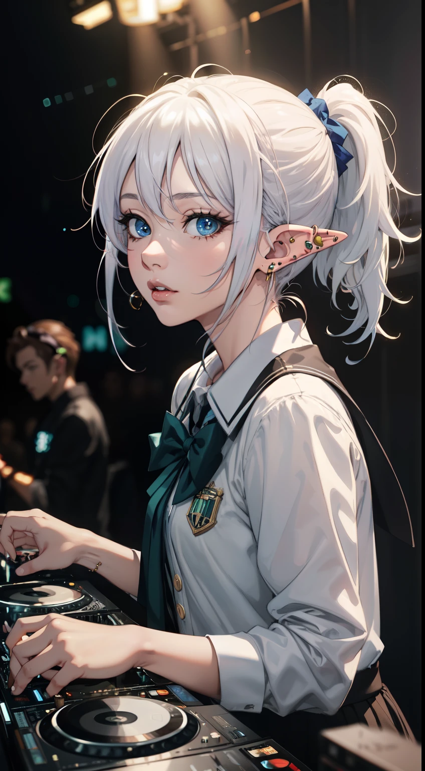 (masterpiece), (best quality), (ultra detailed), (illustration), Concept Art, Cinematic Lighting, Elf as DJ player, (elf), (1girl), beautiful detailed eyes, deep blue eyes, delicate beautiful face, Emotional Expressive, (white hair, short ponytail), school uniform, Various accessories, (ear piercing), punky style, stage, (depth of field:1.2), (blurry background:1.2),  art style by Yusuke Murata, by Artgerm, by Alphonse mucha