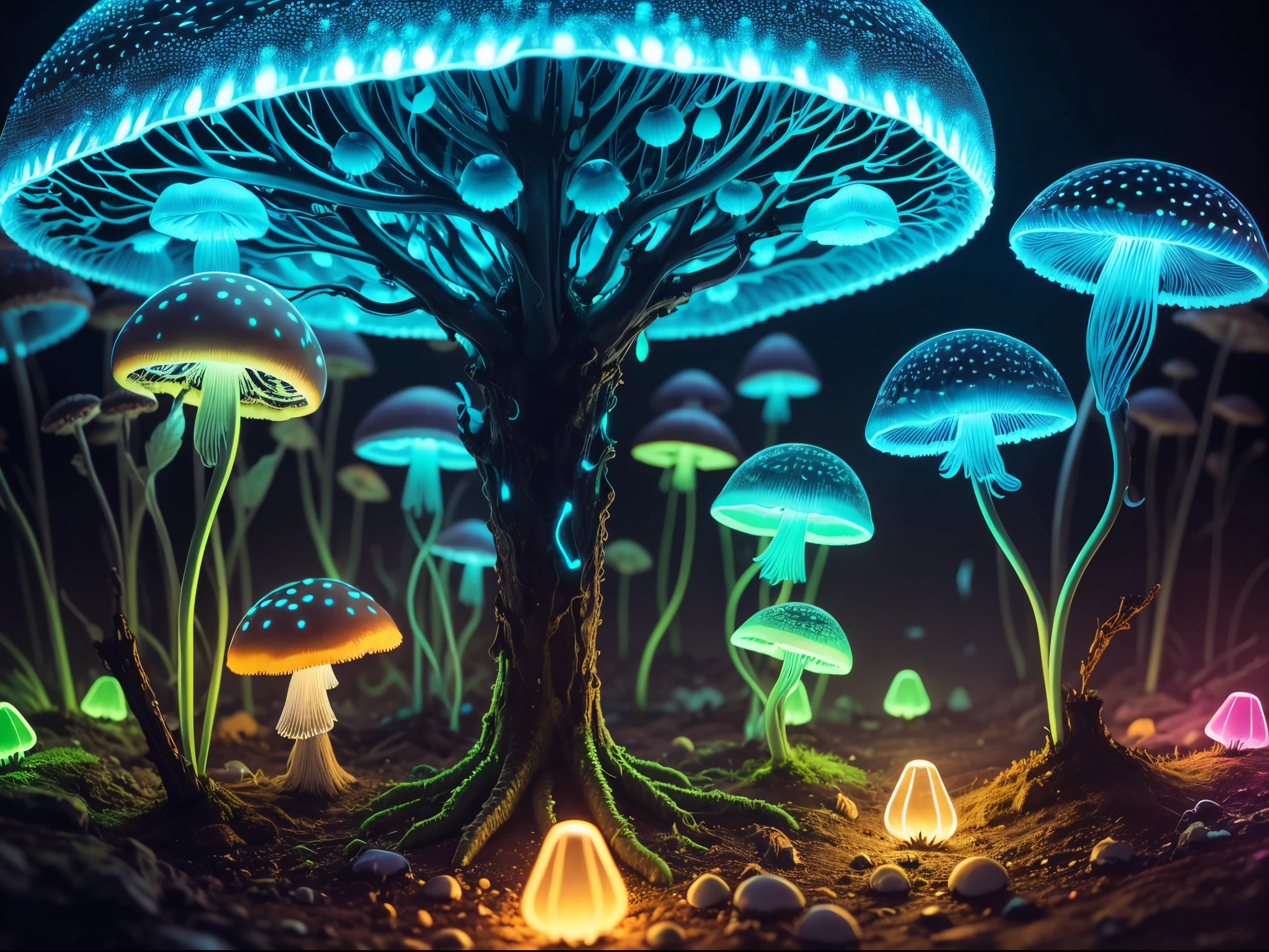 bioluminescent fungi, transparent mushrooms glowing with neon light, mushrooms have a complex, highly detailed structure, Neon, black backdrop